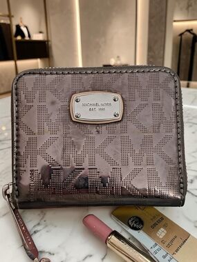 Michael Kors Metallic Gunmetal MK Logo Zip Wallet